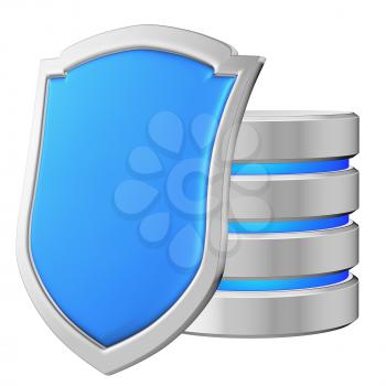 Database behind blue metal shield on left protected from unauthorized access, data privacy concept, 3d illustration icon isolated on white background for Data Protection Day