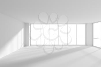 White empty business office room with white floor, ceiling and walls and sunlight from large windows and empty space white colorless business architecture office room 3d illustration