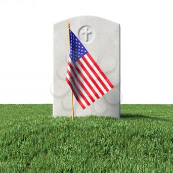 Small American flag and gray blank headstone on green grass field in memorial day under sun light isolated on white background, Memorial Day concept 3D illustration