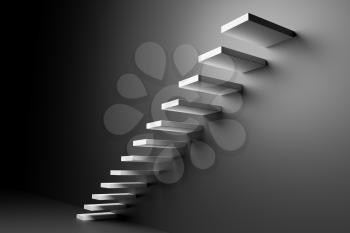 Ascending white stairs of rising staircase going upward in black empty room, abstract black 3D illustration. Business growth, progress way and forward achievement in the dark creative concept.