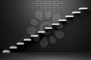 White ascending stairs of rising staircase going upward in black empty room with brick wall in the dark, abstract 3D illustration.