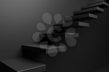 Ascending black stairs of rising staircase going upward in empty black room close-up, abstract 3D illustration. Progress way, business growth and forward achievement problems in the dark creative concept.