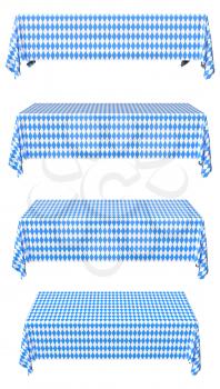 Oktoberfest rectangular tablecloth with blue-white checkered pattern set isolated on white, front view, traditional Oktoberfest festival decorations, 3d illustration collection