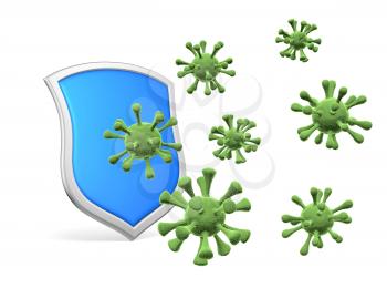 Shield protect form viruses and bacterias isolated on white 3D illustration, coronavirus protection, medical health, immune system and health protection concept