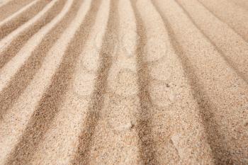 Dry sand surface with grooves and wavy lines close-up perspective view with shallow depth of field nature background