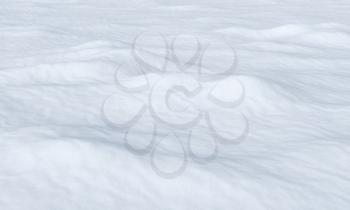 White snow field with smooth snow surface with bumps and waves under bright sunlight, snowy white background, nature 3D illustration