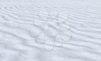 White snow field with smooth snow surface with waves under bright sunlight, snowy white background, nature 3D illustration