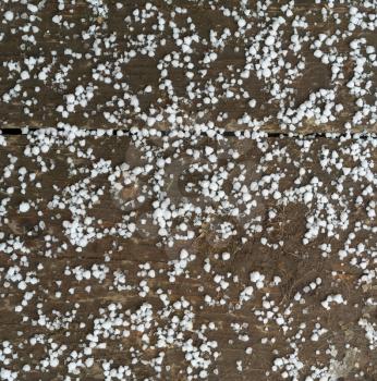 White snowflakes of first snow on dirty wooden floor close up top view