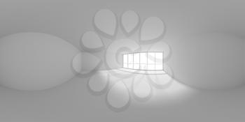 HDRI environment map of empty white business office room with empty space and sunlight from large window, colorless white 360 degrees spherical panorama background 3d illustration