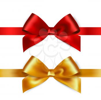 Shiny red and gold satin ribbon on white background. Vector