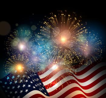 United States flag. Fireworks background for USA Independence Day. Fourth of July celebrate