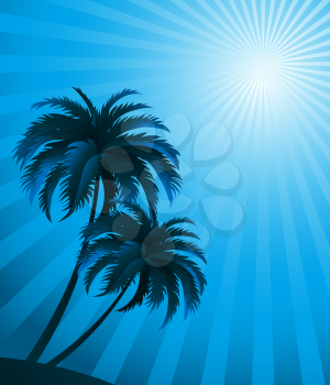 Vector sunset background with palm tree silhouette. For poster or flyer design