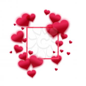 Vector confetti falling from pink blurred  hearts on the white background. Love concept card background for Valentine's day