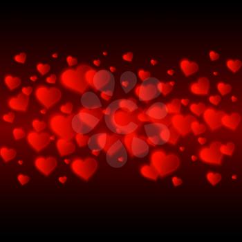 Vector confetti falling from red blurred  hearts on the dark background. Love concept card background for Valentines day