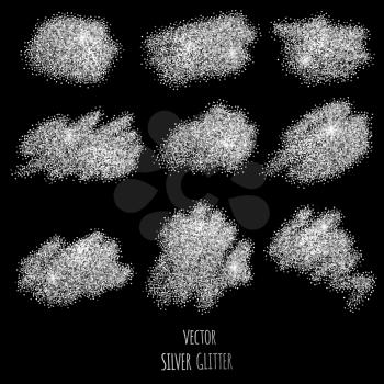 Set of vector Silver sparkles on black background. Silver glitter background. 