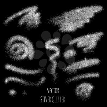 Set of vector Silver sparkles on black background. Silver glitter background. 