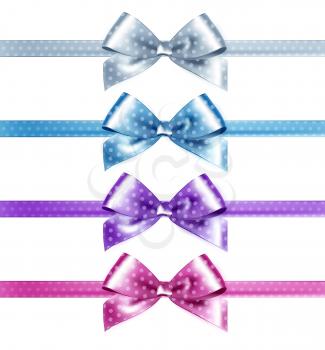 Set of isolated pink, white and blue photorealistic silk polka dots bows for your holiday design.