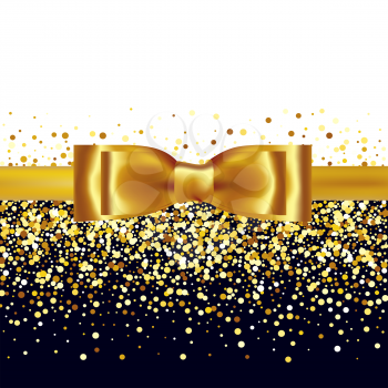 Golden glitter background with gold silk bow and ribbon