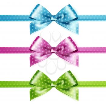 Set of isolated pink, green and blue photorealistic silk polka dots bows  for your holiday design.