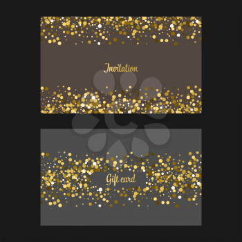 Vector invitation and gift card with Gold dots. Gold glitter background. 