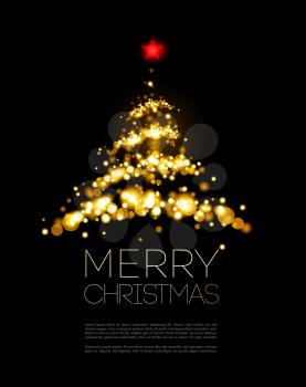 Shiny Gold Christmas tree  in black poster . Vector illustration.