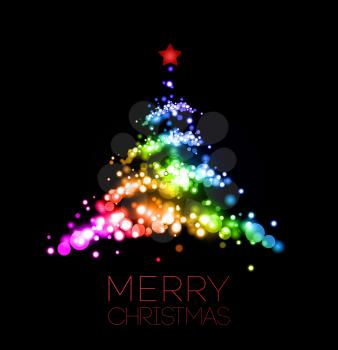 Shiny Christmas tree  in black poster . Vector illustration.