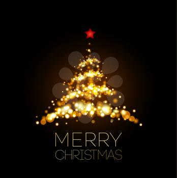 Shiny Gold Christmas tree  in black poster . Vector illustration.