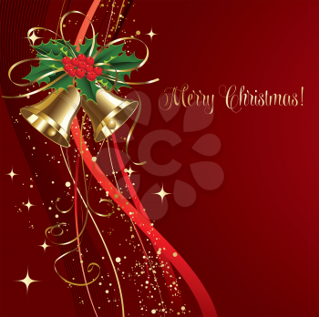 Merry Christmas card with gold bells . Vector illustration.