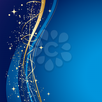 Blue winter abstract background. Christmas background with gold wave. Vector.