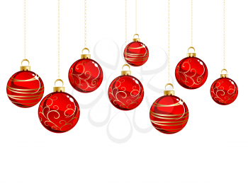 Red Christmas balls with gold pattern on white background