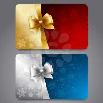 Collection of gift cards with snowflakes and  ribbons. Vector background
