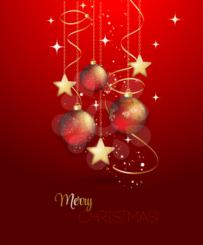 Holiday Background with red Christmas baubles. Vector illustration.