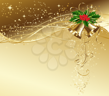 Vector Christmas card with gold bells and holly