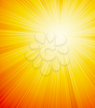 Vector orange shiny sun background with sunbeams, sunrays.