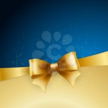 Holiday golden bow on blue background. Vector illustration