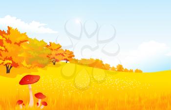 Vector illustration autumn rural landscape with meadow. mushrooms and forest
