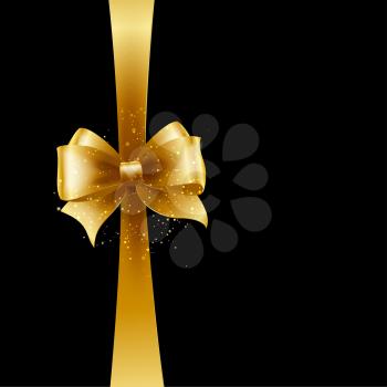 Christmas Background. Vector Design. Gold bow isolated on black background