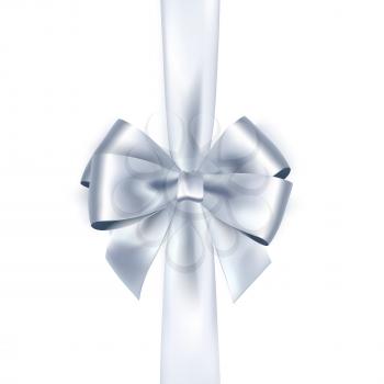Shiny white satin ribbon on white background. Vector silver bow and ribbon