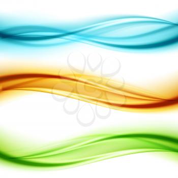 Set of wavy banners. Shiny transparent green, blue and orange wave