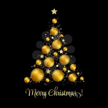 Vector illustration gold Christmas tree. Holiday background with baubles and star