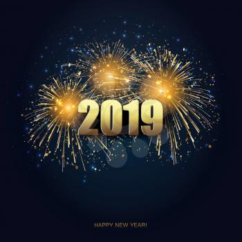 Vector Holiday Fireworks Background. Happy New Year 2019