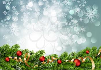 Christmas green Pine Branches and red baubles. Vector illustration