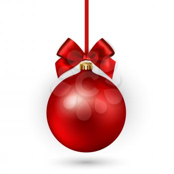 Red Christmas ball with ribbon and a bow on white background. Vector illustration.