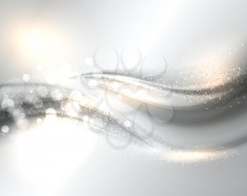 Smooth light silver waves lines and Lens Flares vector abstract background. Bokeh effect