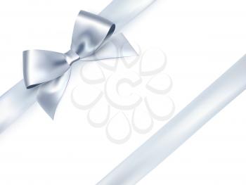 Shiny satin ribbon on white background. Vector silver bow and ribbon.