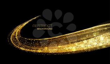 Abstract shiny color gold wave design element with glitter effect on dark background.