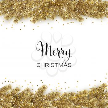 Vector Christmas card with gold christmas tree and golden glitter