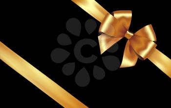 Shiny golden satin ribbon . Vector gold bow on black background for design greeting and discount card