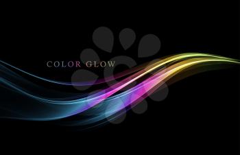 Abstract shiny color spectrum multicolor wave design element on dark background.