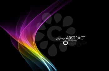 Abstract shiny color spectrum multicolor wave design element on dark background.